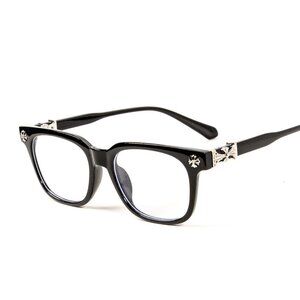 Men Clear Lens Fashion Classic Black Metal Silver Plated Cross Eye Glasses